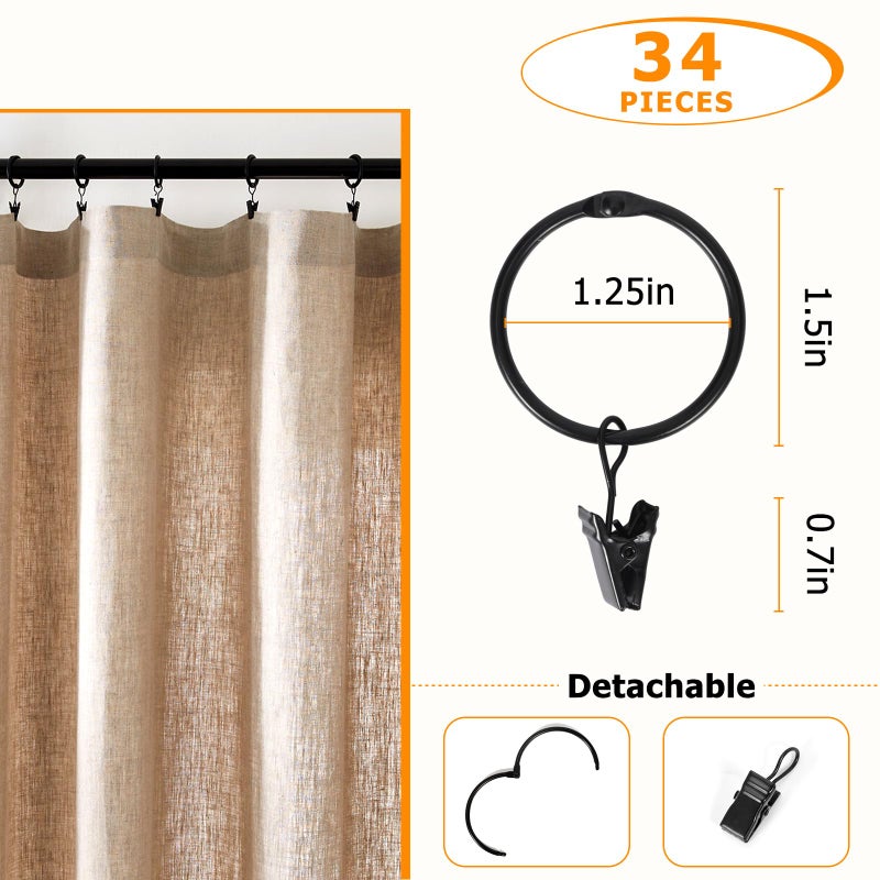 Awtok 34 PCS Openable Curtain Rings with Clips, 1.25-Inch Inner Diameter Open Drapery Clips with Hooks Fit UP to 1.0" Diameter Curtain Rods, Hooks for Hanging Drapes Hat Bows (1.25" I D Set of 34) - Image 2