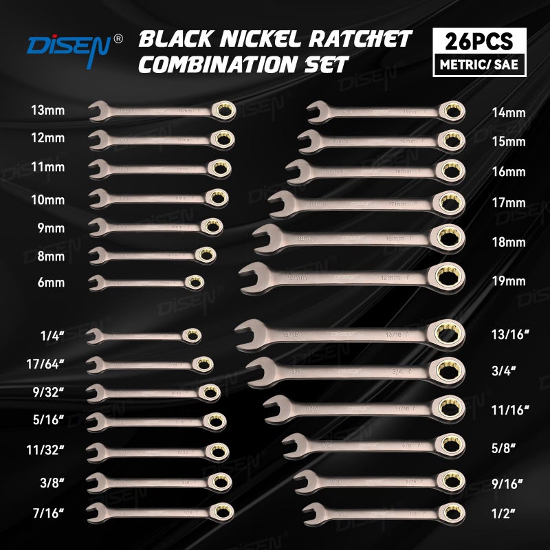 DISEN 26 Piece Ratcheting Wrenches Set 90 Teeth, Combination Wrenches Set Metric 6MM-19MM and SAE 1/4 Inch-13/16 Inch, Cr-V Steel, Ratchet Set Nickel Plating with Organizer Visit the Store - Image 5