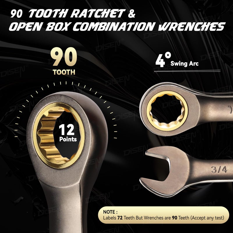 DISEN 26 Piece Ratcheting Wrenches Set 90 Teeth, Combination Wrenches Set Metric 6MM-19MM and SAE 1/4 Inch-13/16 Inch, Cr-V Steel, Ratchet Set Nickel Plating with Organizer Visit the Store - Image 2