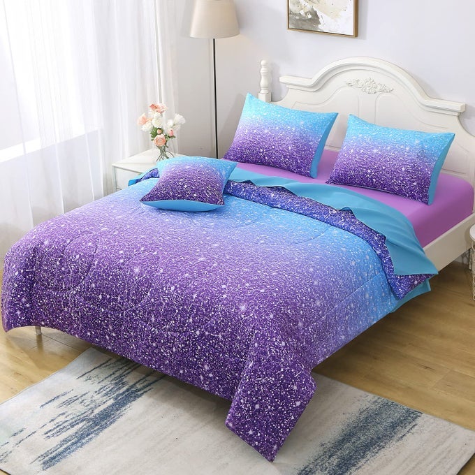 6PCS GLITTER COMFORTER SET WITH SHEETS FOR TEENS GIRLS KIDS COLORFUL GRADIENT GLITTER THEMED BED IN A BAG FULL SIZE BLUE PURPLE 3D SPARKLY GALAXY BEDROOM DECOR BEDDING SET