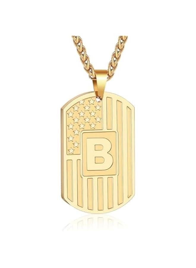 Graduation Gifts Initial A-Z Letter Necklace for Men Boys Kids Teen, Stainless Steel American Flag Dog Tag Pendent Chain Jewelry Birthday  Gifts for boyfriend husband 24Inches - Image 1