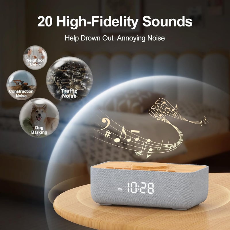 REACHER 15W Fast Magnetic Wireless Charging Alarm Clock with White Noise Machine Woodgrain Style 20 HighFidelity Sounds Gradual Wake Snooze 0100 Dimmable Digital Clock Bedroom Office - Image 4
