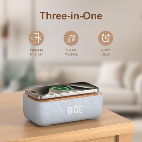 REACHER 15W Fast Magnetic Wireless Charging Alarm Clock with White Noise Machine Woodgrain Style 20 HighFidelity Sounds Gradual Wake Snooze 0100 Dimmable Digital Clock Bedroom Office - Image 3