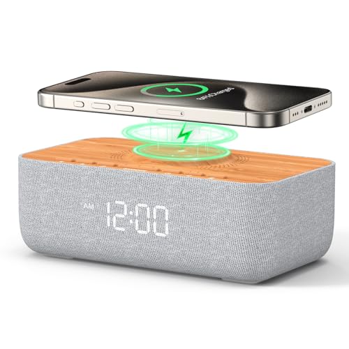REACHER 15W Fast Magnetic Wireless Charging Alarm Clock with White Noise Machine Woodgrain Style 20 HighFidelity Sounds Gradual Wake Snooze 0100 Dimmable Digital Clock Bedroom Office - Image 1