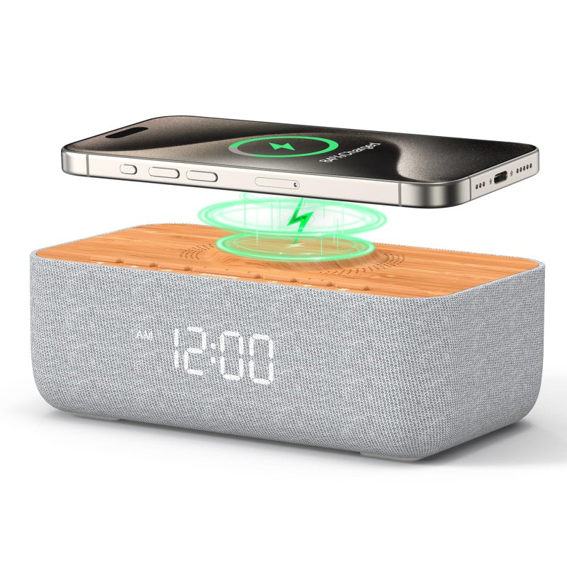 REACHER 15W Fast Magnetic Wireless Charging Alarm Clock with White Noise Machine Woodgrain Style 20 HighFidelity Sounds Gradual Wake Snooze 0100 Dimmable Digital Clock Bedroom Office - Image 2