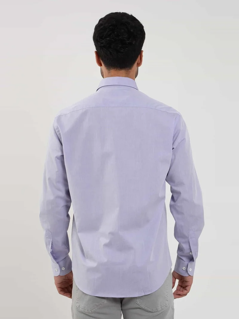 Dufy Blue Men's Regular Fit Plain Brent Button Collar Long Sleeve Shirt - 102244