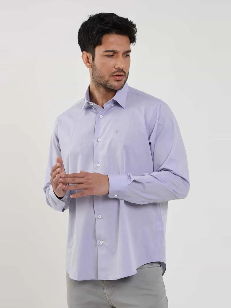 Dufy Blue Men's Regular Fit Plain Brent Button Collar Long Sleeve Shirt - 102244