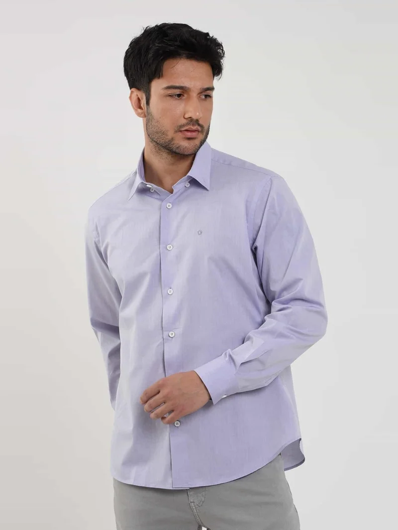 Dufy Blue Men's Regular Fit Plain Brent Button Collar Long Sleeve Shirt - 102244