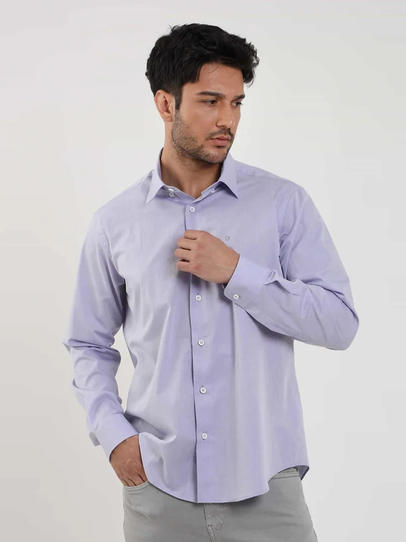Dufy Blue Men's Regular Fit Plain Brent Button Collar Long Sleeve Shirt - 102244