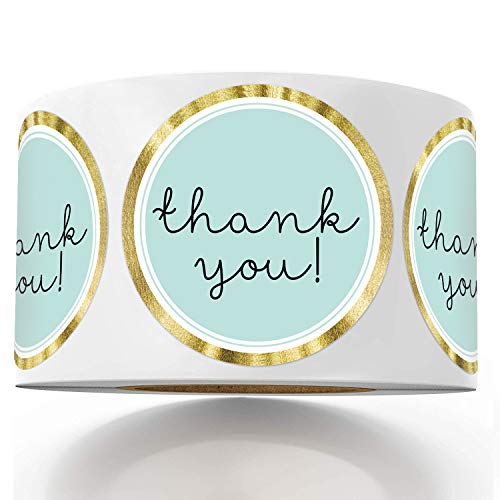 Mr.Mug Modern Thank You Stickers - Round Blue & Chic Gold Labels, 1.4 Inch, 500 Adhesive Thank You Tags - Image 1