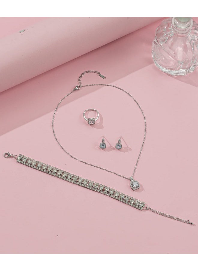 Paxuan - 4Pcs Cubic Zirconia Wedding Jewelry Sets For Bride Bridesmaid Cubic Zirconia Pendant Necklace Earrings Link Tennis Bracelet Open Ring Set For Women Birthday/Valentine'S Day/Mother'S Day/Christmas - Image 1