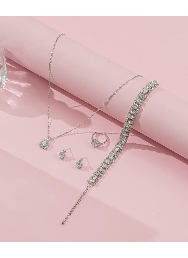 Paxuan - 4Pcs Cubic Zirconia Wedding Jewelry Sets For Bride Bridesmaid Cubic Zirconia Pendant Necklace Earrings Link Tennis Bracelet Open Ring Set For Women Birthday/Valentine'S Day/Mother'S Day/Christmas - Image 1