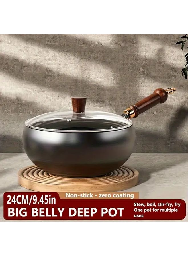 Non Stick Cast Iron Pot With Wooden Handle And Glass Lid 24cm Deep Cooking Pot For Stewing Frying - Image 1