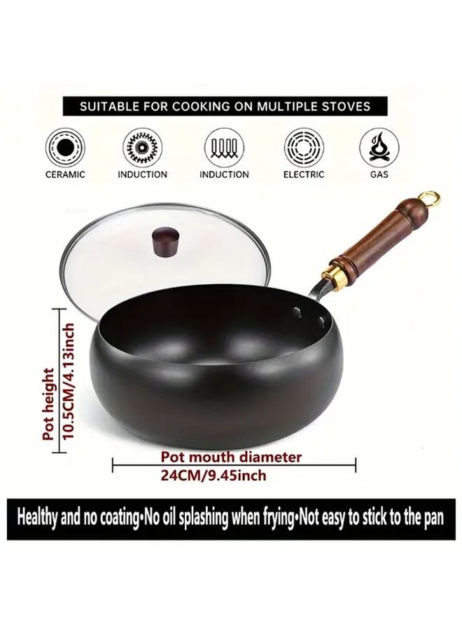 Non Stick Cast Iron Pot With Wooden Handle And Glass Lid 24cm Deep Cooking Pot For Stewing Frying - Image 3