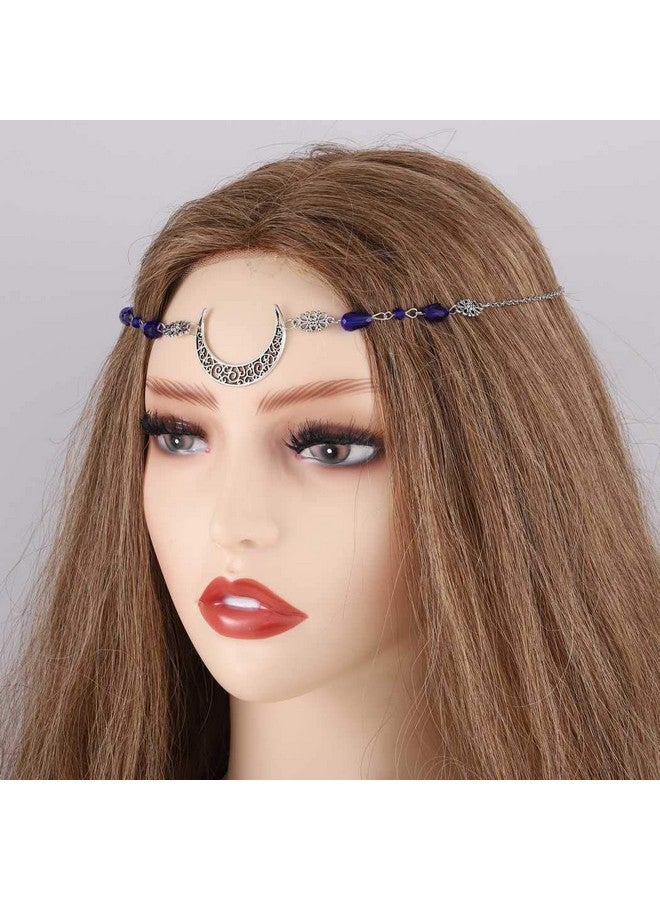 Chicque Boho Head Chain Jewelry Crescent Rhinestone Headpiece Flower Hollow Hair Chain Wedding Festival Hair Accessories For Women And Girls (Blue) - Image 3