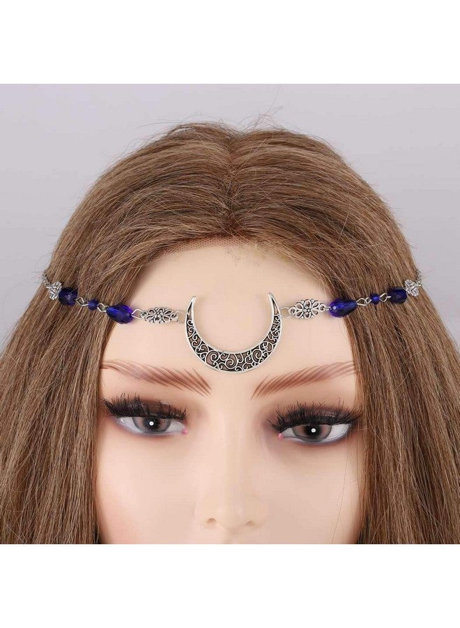 Chicque Boho Head Chain Jewelry Crescent Rhinestone Headpiece Flower Hollow Hair Chain Wedding Festival Hair Accessories For Women And Girls (Blue) - Image 1