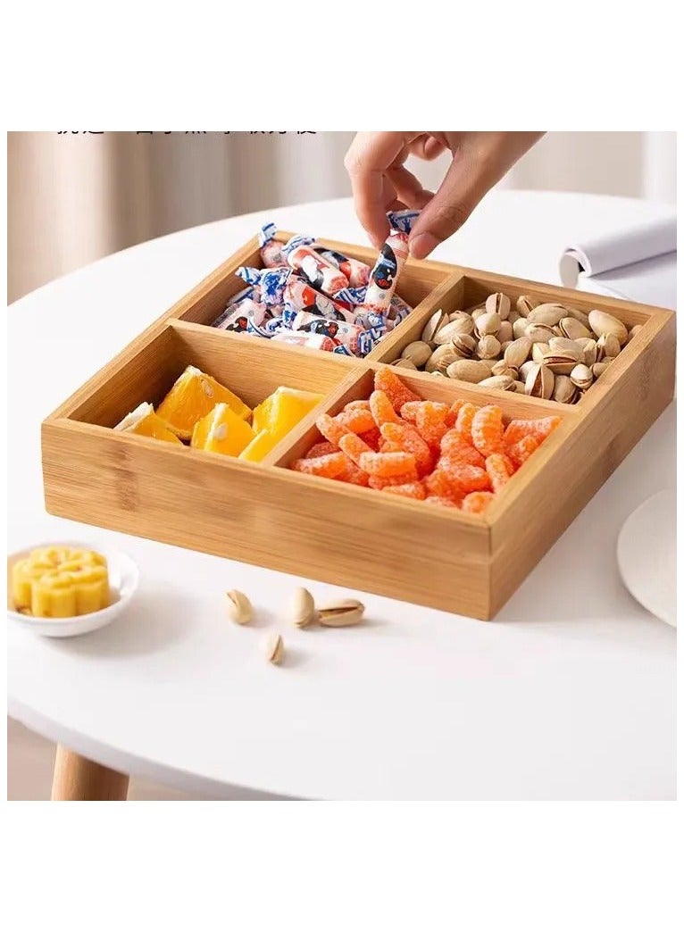Wooden Storage Tray, 4 Grid Wooden Food Storage Tray, Divider Box with Handle, Suitable for Watching Tv, Party, Outdoor for Storing Candy Peanut Dried Fruit  - Image 1