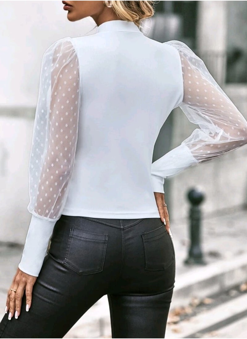 Shein - SHEIN Privé Contrast Dobby Mesh Bishop Sleeve Mock Neck Tee - Image 1