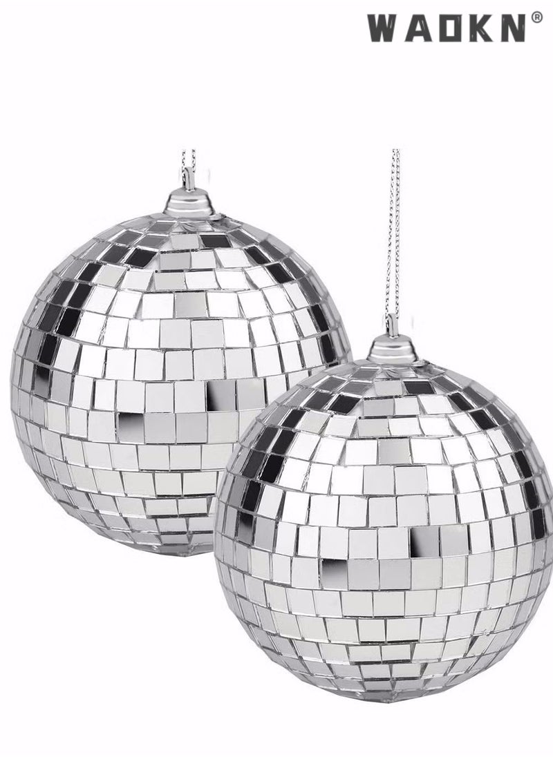 WAOKN 2 Pieces Mirror Disco Ball, Silver Hanging Ball for 50s 60s 70s Disco DJ Light Effect Party, Hanging Ball for Party Home Decoration Stage Props School Festivals Favors Festivals (4 Inch)  - Image 1