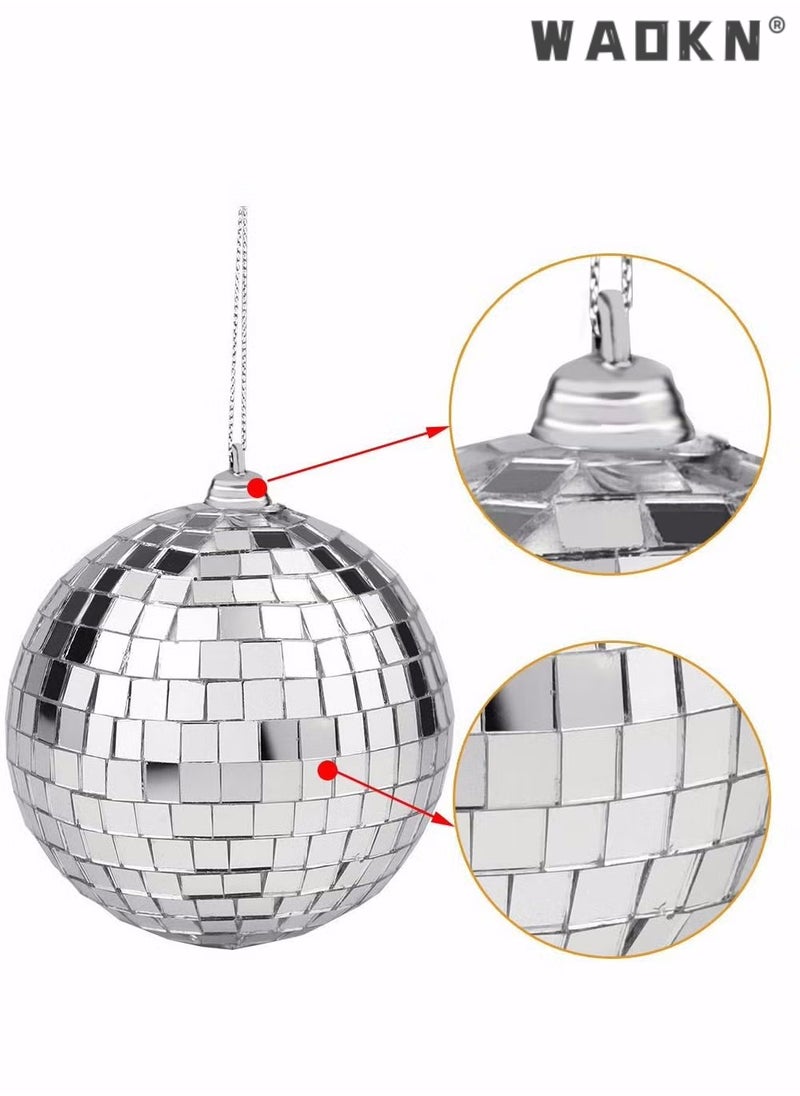 WAOKN 2 Pieces Mirror Disco Ball, Silver Hanging Ball for 50s 60s 70s Disco DJ Light Effect Party, Hanging Ball for Party Home Decoration Stage Props School Festivals Favors Festivals (4 Inch)  - Image 2