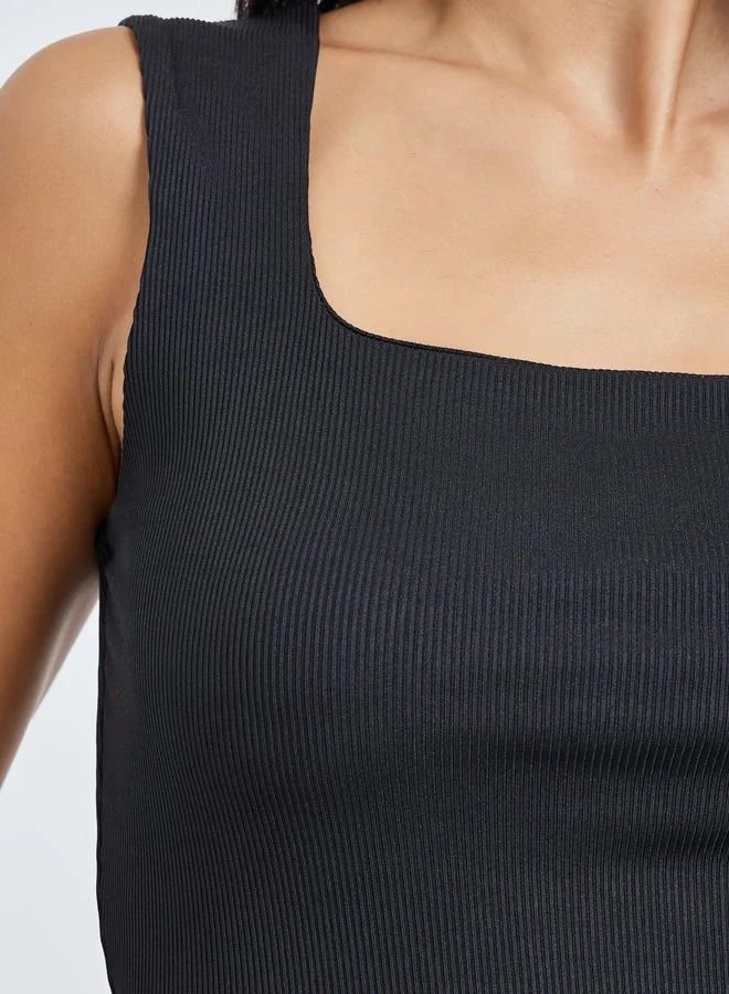 Styli  Black Square Neck Fitted Knit Top for Women | Best Price UAE