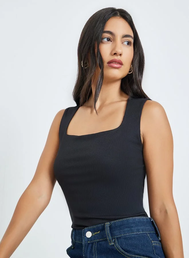 Black Square Neck Fitted Knit Top