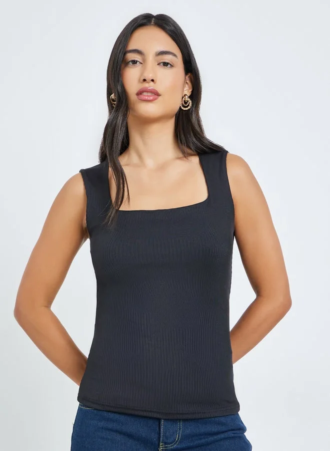 Styli  Black Square Neck Fitted Knit Top for Women | Best Price UAE