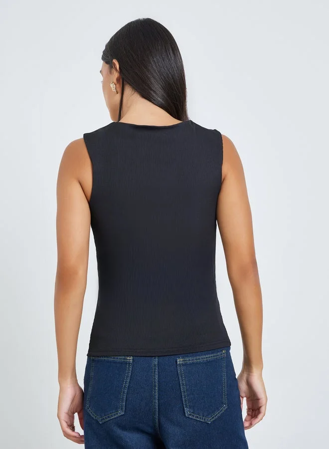 Styli  Black Square Neck Fitted Knit Top for Women | Best Price UAE