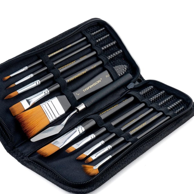 Transon Paint Brush Kit 10pcs Art Brushes and 1 Paint Spatula with Brush Case