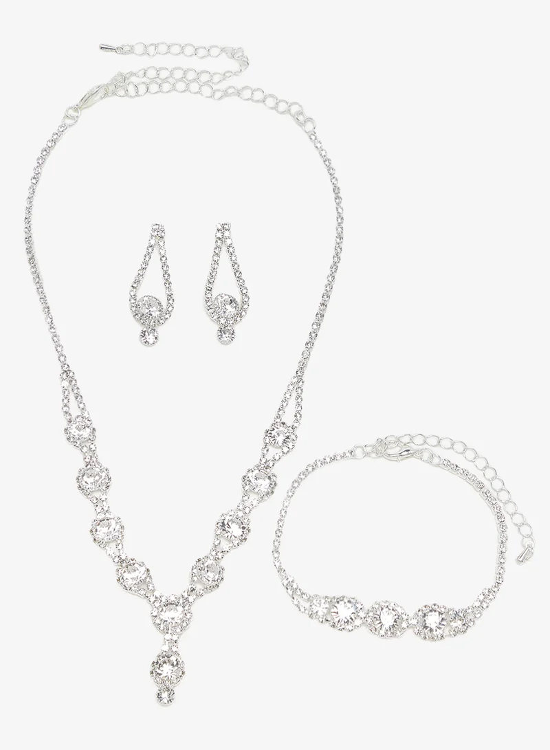 ايلا Silver Drop Down Diamonte Rhinestone Jewelry Set Necklace Earrings Bracelet