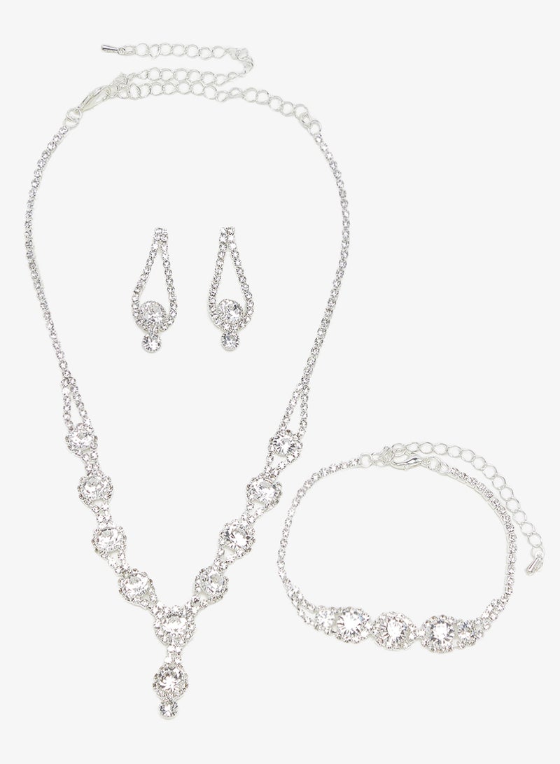 ELLA Silver Drop Down Diamonte Rhinestone Jewelry Set Necklace Earrings Bracelet - Image 1