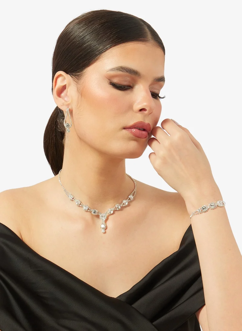 ELLA Silver Drop Down Diamonte Rhinestone Jewelry Set Necklace Earrings Bracelet