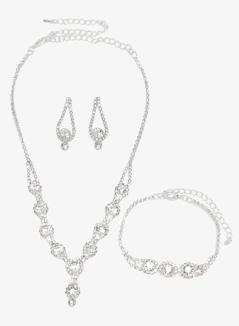 ELLA Silver Drop Down Diamonte Rhinestone Jewelry Set Necklace Earrings Bracelet
