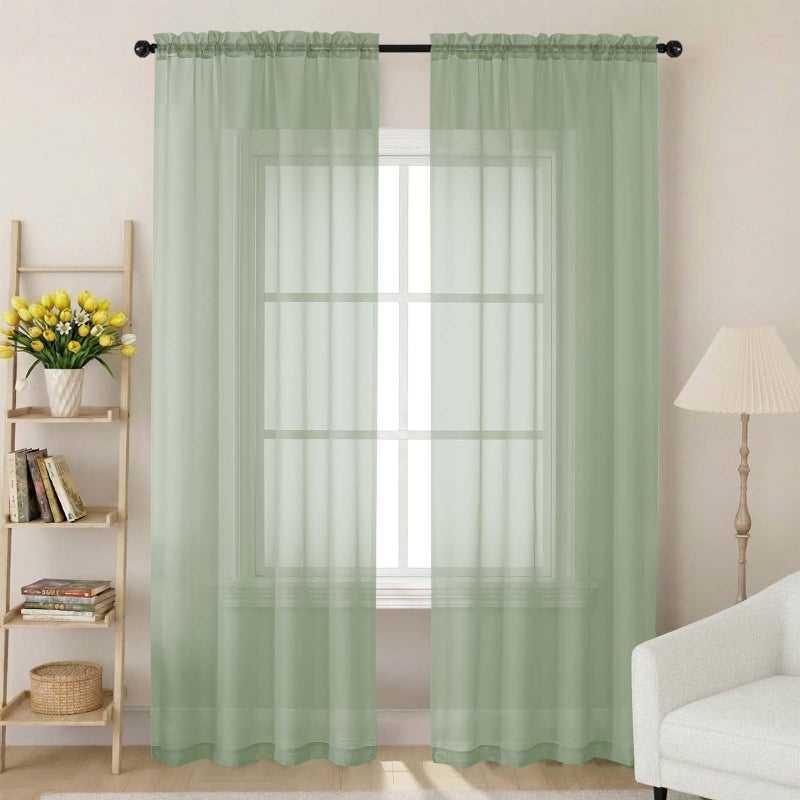 WelvetBLK Sage Green Sheer Curtains 84 Inches Long 2 Panels, Soft Light Filtering Curtains for Bedroom Living Room, Modern Rod Pocket Privacy Drapes Window Treatments, Sage Green, Total Wide 84 Inch - Image 1