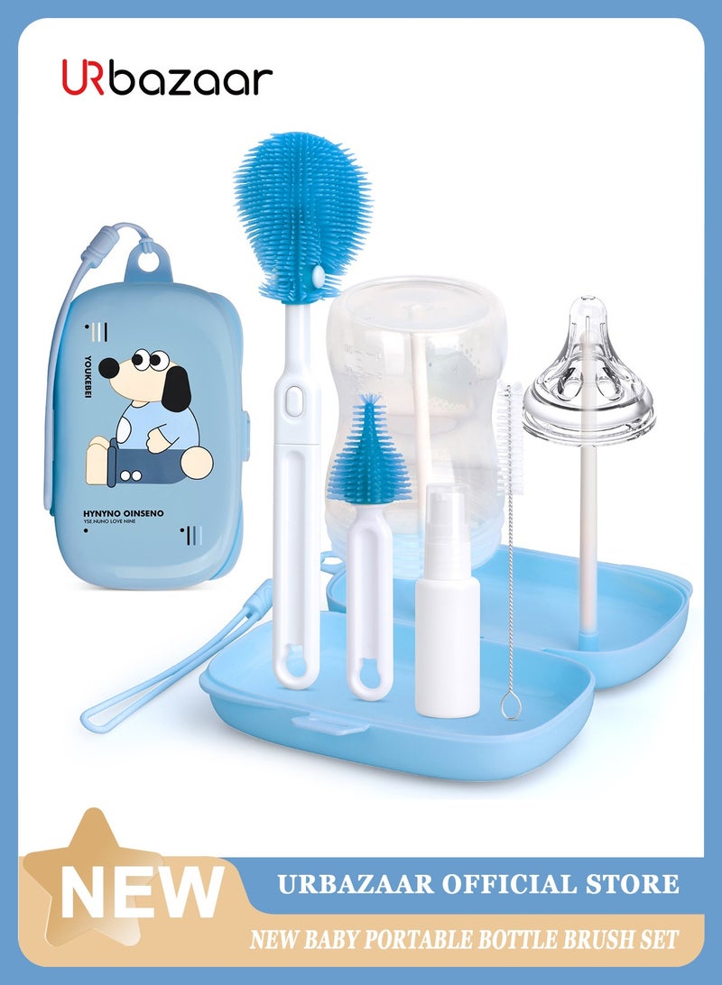 youkebei 6 In 1 Baby Bottle Cleaner Kit With Silicone Brush, Nipple Brush, Straw Brush, Drying Rack (Blue Puppy) - Image 1
