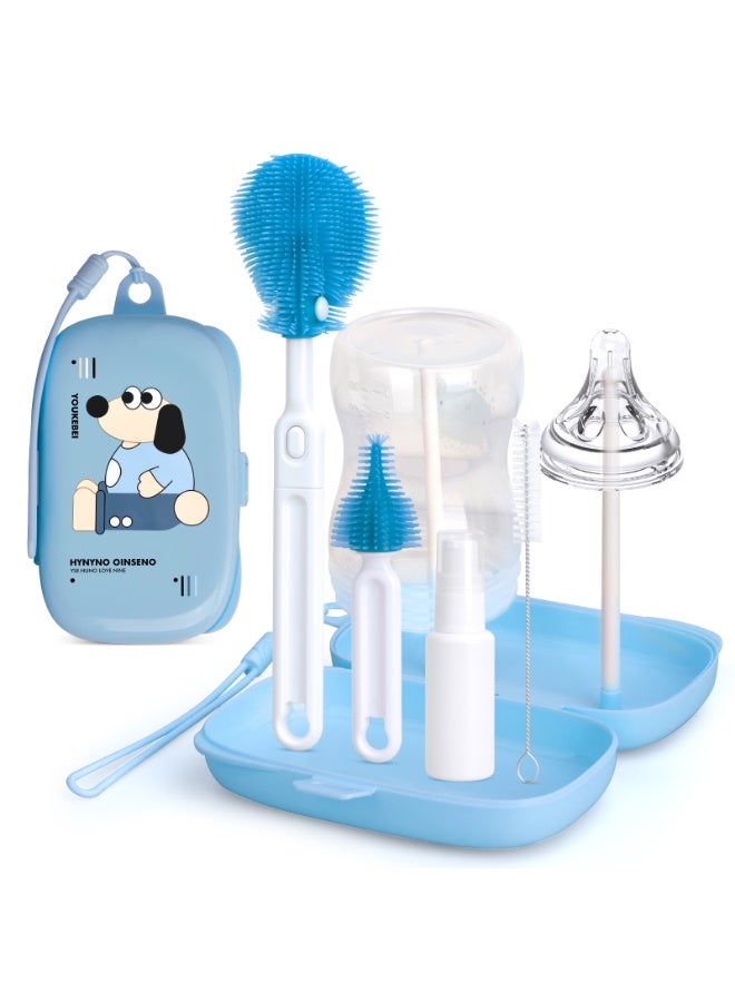 URbazaar 6 In 1 Baby Bottle Cleaner Kit With Silicone Brush, Nipple Brush, Straw Brush, Drying Rack (Blue Puppy) - Image 1