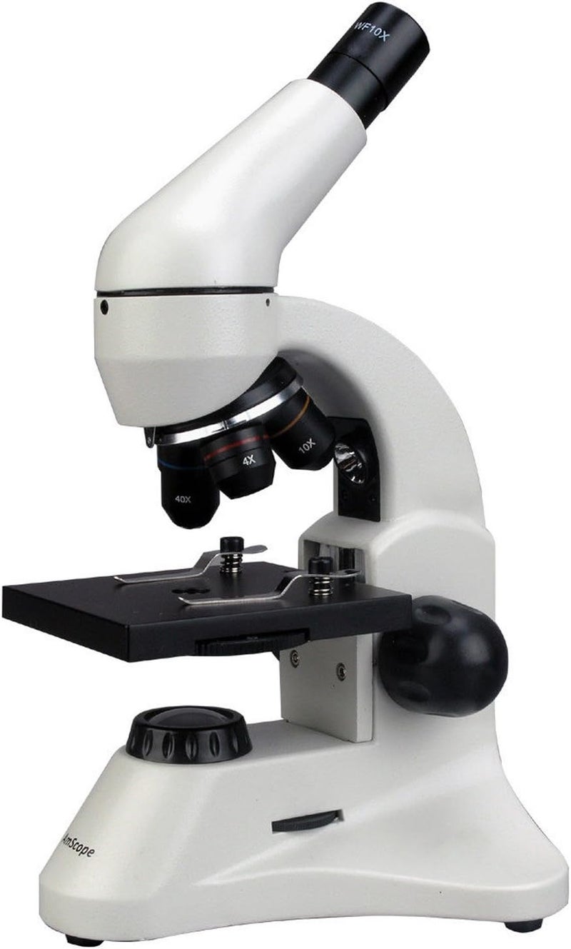 AmScope M120C-2L-PB10 Compound Monocular Microscope, WF10x and WF25x widefield eyepieces, 40x-1000x Magnification, Brightfield, Upper and Lower LED Illumination, Plain Stage, Includes Blank and Prepared Slides - Image 1
