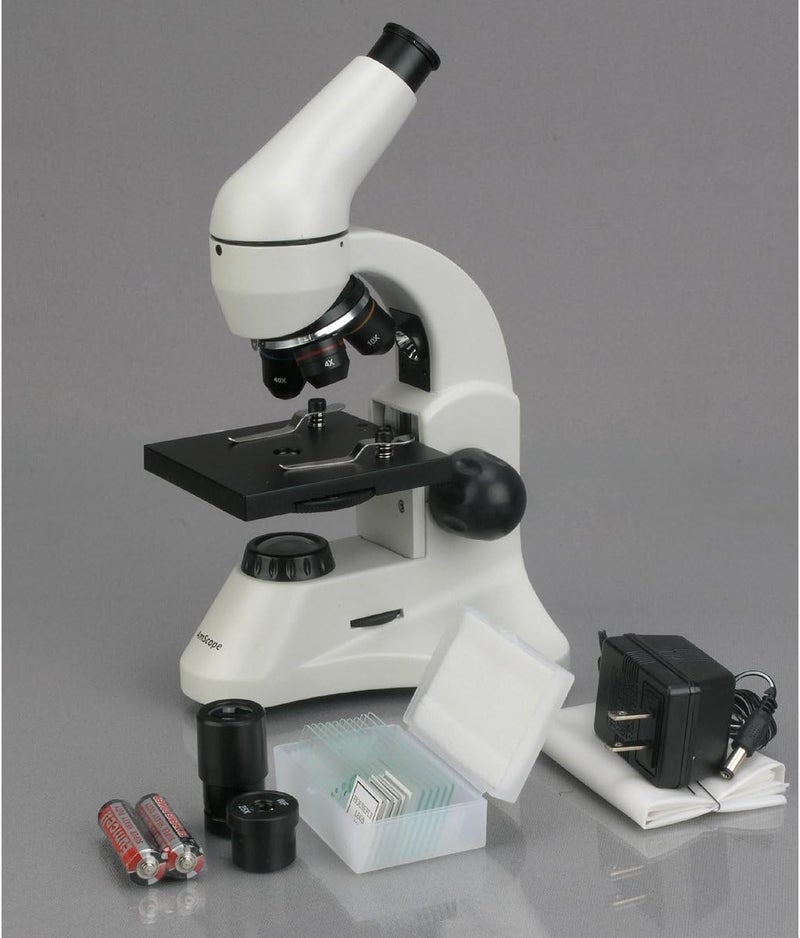 AmScope M120C-2L-PB10 Compound Monocular Microscope, WF10x and WF25x widefield eyepieces, 40x-1000x Magnification, Brightfield, Upper and Lower LED Illumination, Plain Stage, Includes Blank and Prepared Slides - Image 4