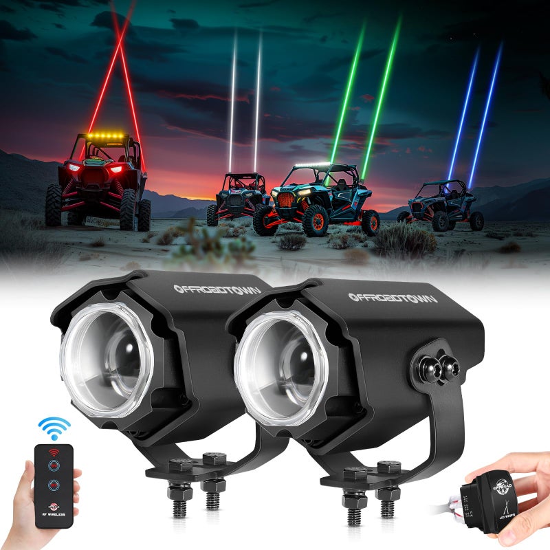 أضواء LED بدون سلك من OFFROADTOWN مع جهاز تحكم عن بعد وأضواء LED RGBW متتابعة هوائي بدون سلك للدراجات الرباعية والدراجات النارية Can am Polaris عربة جولف شاحنة