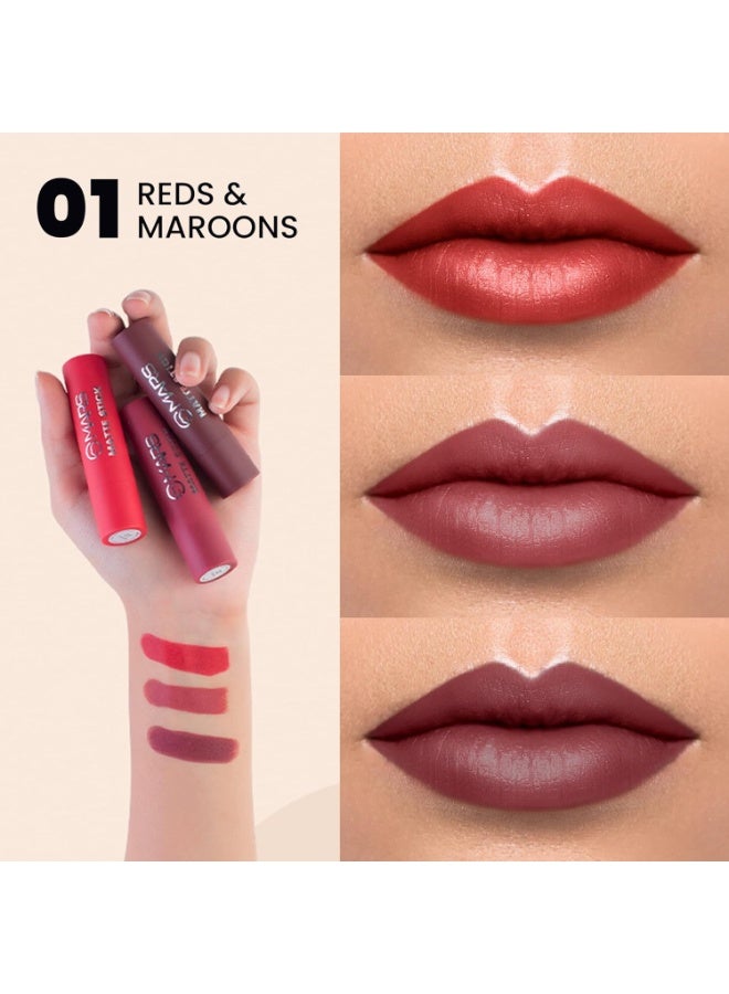 MARS Matte Box Set of 3 Lipsticks for Women | Long-Lasting | Smooth Finish | Moisturising | One Swipe Pigmentation | (3x3.2 gm) (01-Red & Maroon) - Image 2