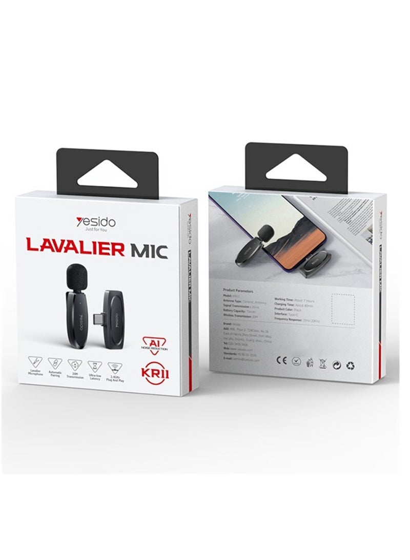 Yesido Lavalier Mic Kr11 Noise AI Reduction Best Microphone For Vlogers Black - Image 1
