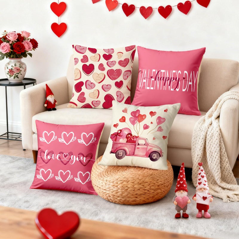 YOSICHY Valentines Day Decorations-Valentine Pillow Covers 18X18 Set Of 4  Pink Hearts Love You Happy Valentine'S Day Throw Outdoor Pillow Covers Anniversary Wedding Cushion Case For Home Sofa Couch Decor - Image 5