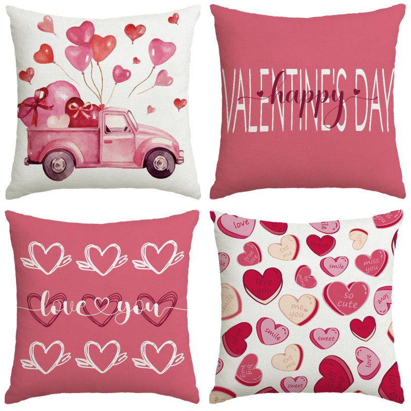 YOSICHY Valentines Day Decorations-Valentine Pillow Covers 18X18 Set Of 4  Pink Hearts Love You Happy Valentine'S Day Throw Outdoor Pillow Covers Anniversary Wedding Cushion Case For Home Sofa Couch Decor - Image 1