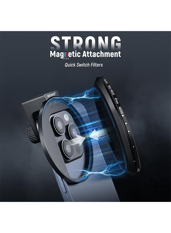 NEEWER 67mm Clip On Variable ND2-ND32 Phone Lens Filter Kit, Phone Clip with Magnetic Adapter Ring/Cold Shoe/Locking Knob, HD Magnetic ND Filter for iPhone 15 Pro Max 14 13 Galaxy S22 S23 S24 Ultra - Image 2