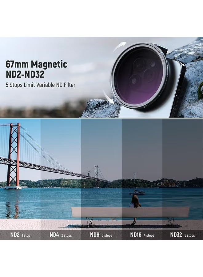 NEEWER 67mm Clip On Variable ND2-ND32 Phone Lens Filter Kit, Phone Clip with Magnetic Adapter Ring/Cold Shoe/Locking Knob, HD Magnetic ND Filter for iPhone 15 Pro Max 14 13 Galaxy S22 S23 S24 Ultra - Image 3