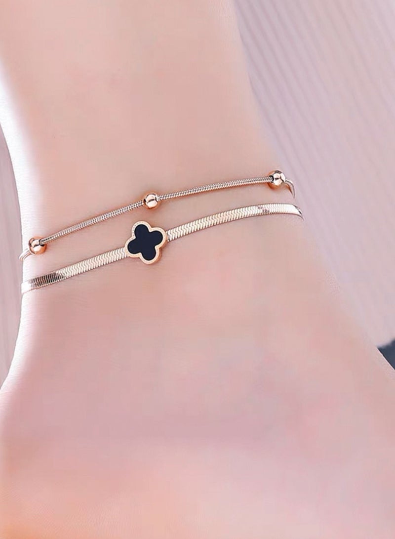 Anklet for Women Made of Stainless Steel, Consisting of Two Pieces with a Clover Leaf Design