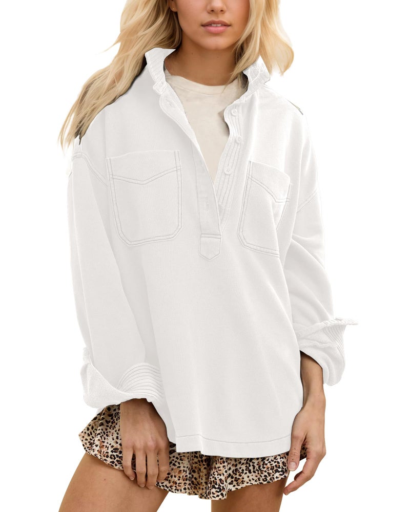Locachy Women's Casual Oversized Polo Neck Sweatshirt Lapel Long Sleeve Button Pullover Tops Fashion Outfits Clothes White XXL - Image 1