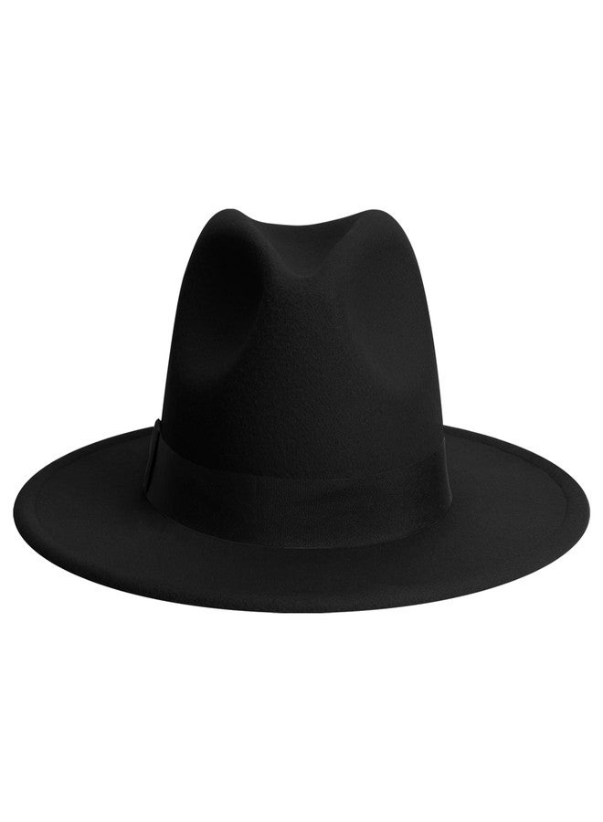 jingsha Classic Wide Brim Fedora for Women Men Two Tone Fedora with Band Adjustable Felt Panama Hat, All Black, M - Image 1