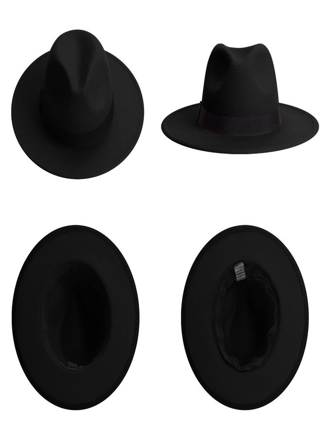 jingsha Classic Wide Brim Fedora for Women Men Two Tone Fedora with Band Adjustable Felt Panama Hat, All Black, M - Image 4