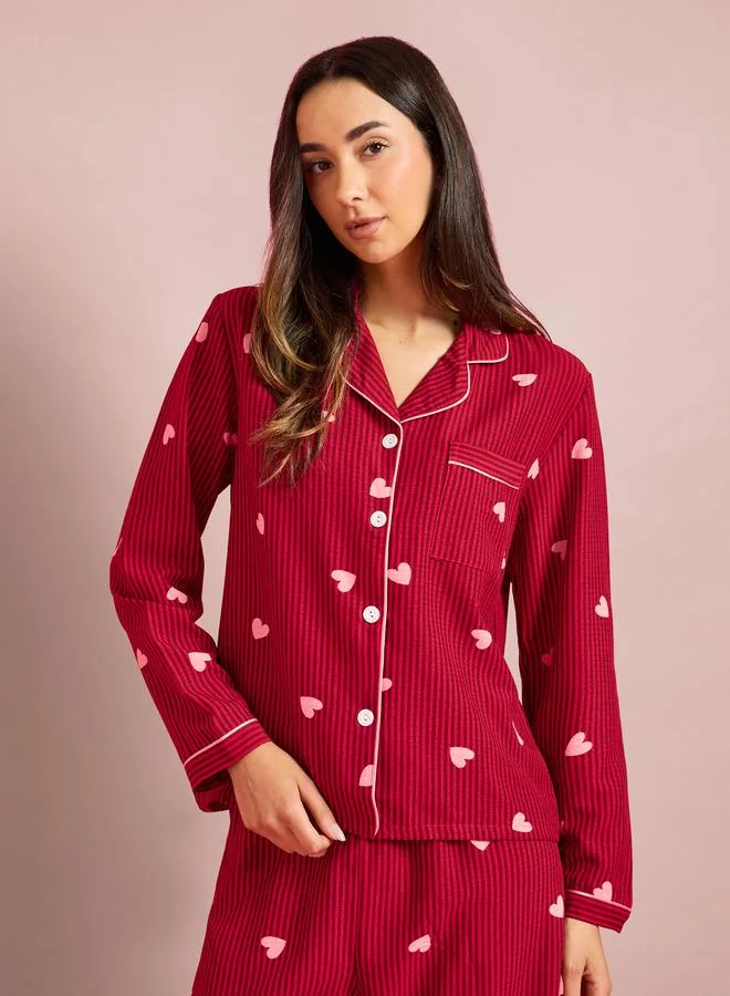 Styli Burgundy Striped and Heart Print Long Sleeves Shirt and Pants Pyjama Set